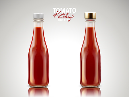 Blank bottles containing tomato ketchup sauce, 3d illustrationのイラスト素材
