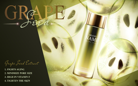 Grape seed skin care oil contained in a glass bottle; with green fruit flesh, 3d illustrationのイラスト素材