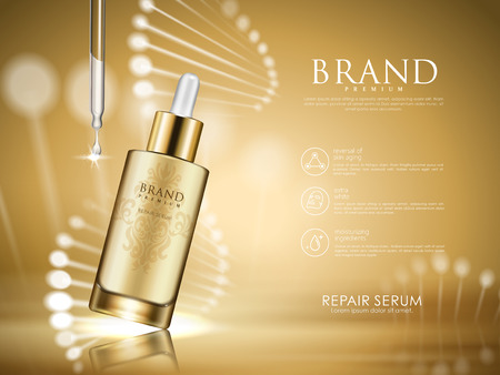 Golden repair serum with helical structure, 3d illustrationのイラスト素材