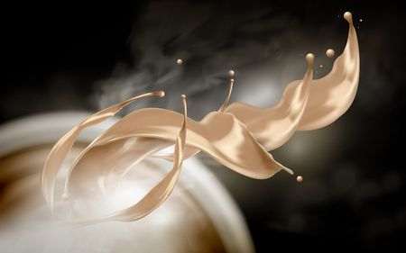 Brown beverage flows rising up with smoke, black backgroundのイラスト素材
