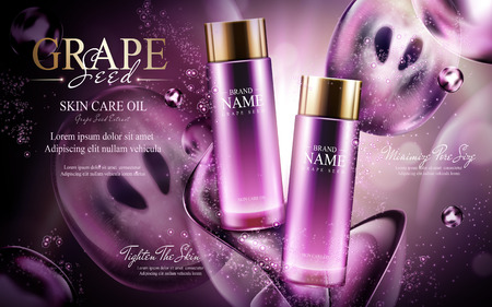 Grape seed skin care oil contained in glass bottles; with dark flow effects, 3d illustrationのイラスト素材