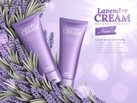 Lavender cream ads, natural skin care products with purple package and lavender element isolated on bokeh background in 3d illustrationのイラスト素材