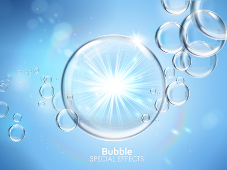 Water bubbles with shining light, isolated light blue background, 3d illustrationのイラスト素材