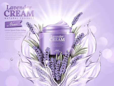 Lavender cream ads, natural skin care products with splashing liquid and lavender elements isolated on glittering bokeh background.のイラスト素材