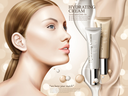 Hydrating cream contained in cosmetic tubes with model and flow effect, bokeh background, 3d illustrationのイラスト素材