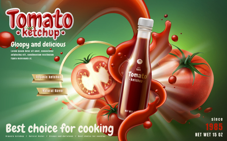 Tomato ketchup ad with tomato sauce flow effect, green background 3d illustrationのイラスト素材
