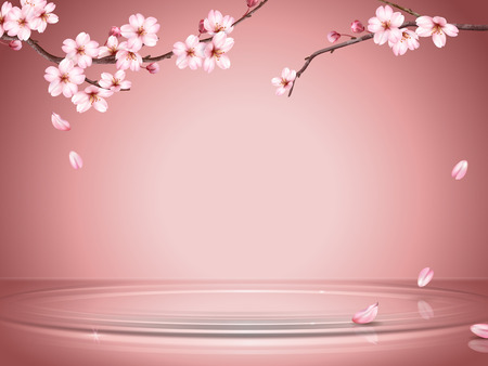 Graceful cherry blossom background, sakura branches and falling petals on the water surface in 3d illustration.のイラスト素材