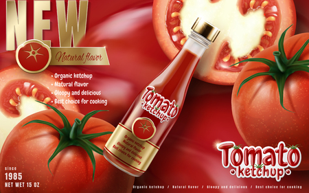 Tomato ketchup ad with tilt bottle and tomato elements, 3d illustrationのイラスト素材