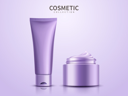 Purple cosmetic product templates, blank containers isolated on purple background in 3d illustrationのイラスト素材