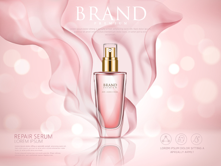 Repair serum ad, pink bokeh background with soft pink chiffon, 3d illustration