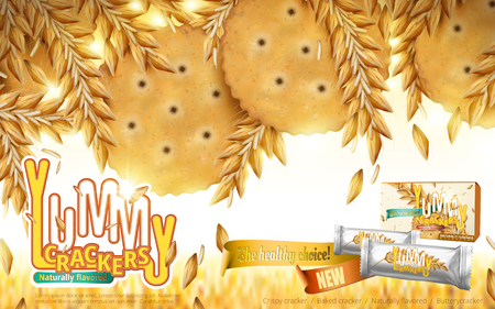 Yummy Crackers ad, close up look at naturally flavored crackers and wheats, bokeh wheat background with product package design in 3d illustrationのイラスト素材