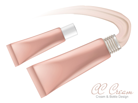 two left tilt blank pink plastic tubes squeezing out cc cream, isolated white background 3d illustrationのイラスト素材