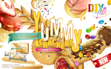 Yummy Crackers ad, different kinds of toppings with crackers floating in the air isolated on white background, 3d illustrationのイラスト素材
