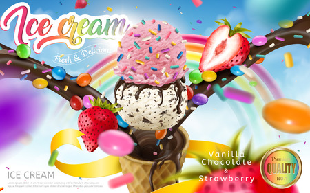 Colorful ice cream cone ads, rainbow jimmies, chocolate and strawberry toppings floating in the blue sky, 3d illustration for summer