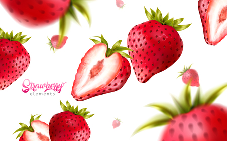 Fresh strawberries falling down from sky, backdrop design in 3d illustrationのイラスト素材