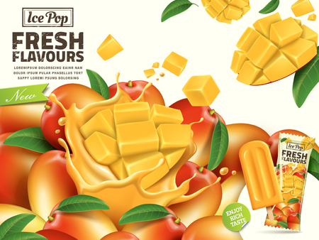 Fresh mango ice pop ads, with sliced mango elements and package design on the right side in 3d illustration for summerのイラスト素材