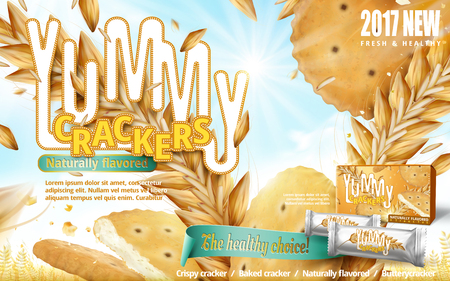 Yummy Crackers ad, close up look at original flavor crackers and wheats flying in the air, wheat field background in 3d illustrationのイラスト素材