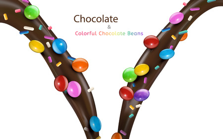 Colorful chocolate beans with creamy chocolate sauce pouring down from top in 3d illustration, isolated on white backgroundのイラスト素材