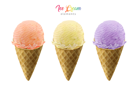 Colorful ice cream cones elements for design uses isolated on white background in 3d illustrationのイラスト素材