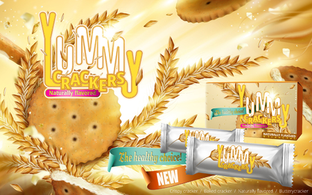 Yummy Crackers ad, close up look at naturally flavored crackers and wheats flying in the air, illuminated background and package design in 3d illustrationのイラスト素材