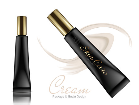 two black long plastic tubes with golden caps and beige cream elements, for foundation package design use, isolated white background 3d illustrationのイラスト素材