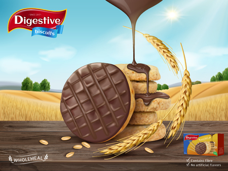 Chocolate digestive biscuits ad, chocolate sauce dripping from sky and cookies isolated on wooden table, wheat field background in 3d illustrationのイラスト素材