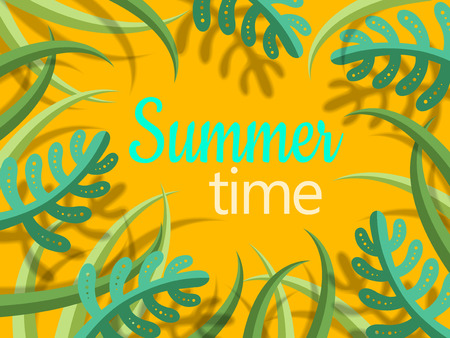 summer time lettering text with green cartoon style plants and shadow, yellow backgroundのイラスト素材