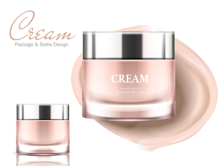 two pink glass jars and cream elements, for cosmetic package design use, isolated white background 3d illustrationのイラスト素材