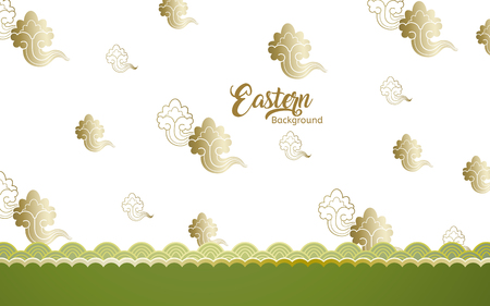 Eastern background design, golden cloud symbol with white background and green wave patternのイラスト素材