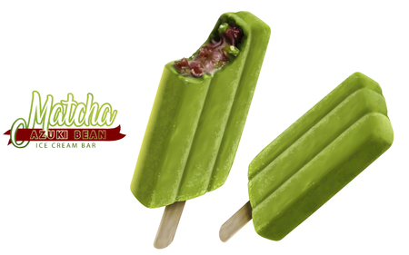 Matcha azuki bean ice cream mockup, close up look at ice cream bar isolated on white background in 3d illustrationのイラスト素材