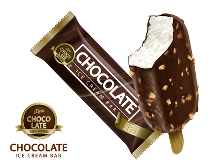 Chocolate ice cream bar design, attractive ice bar and package mockup isolated on white background in 3d illustrationのイラスト素材