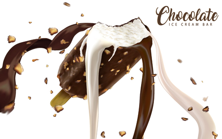Chocolate ice cream bar ads, ice bar with creamy flowing chocolate and milk liquid with nuts isolated on white background in 3d illustrationのイラスト素材