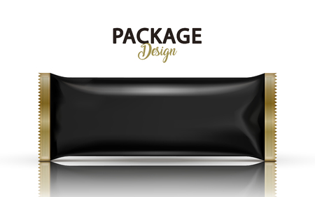 Blank foil package design, food container mockup template in 3d illustration in black and golden colorのイラスト素材