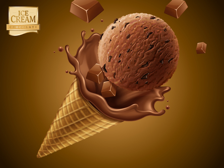 Chocolate ice cream cone, isolated icy dessert with splashing chocolate liquid for design uses in 3d illustrationのイラスト素材