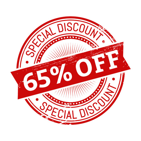 65 percent off text, red color round stamper illustrationのイラスト素材