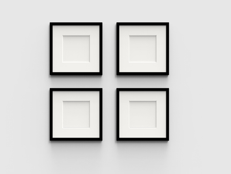 four blank picture frame template set isolated on wall, 3d renderingの写真素材