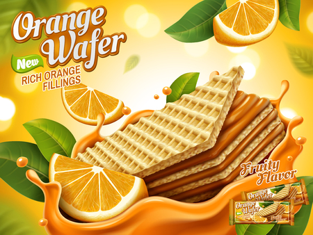 Orange wafer ads, crunchy biscuits with splashing orange fillings and fleshes isolated on bokeh background, 3d illustrationのイラスト素材