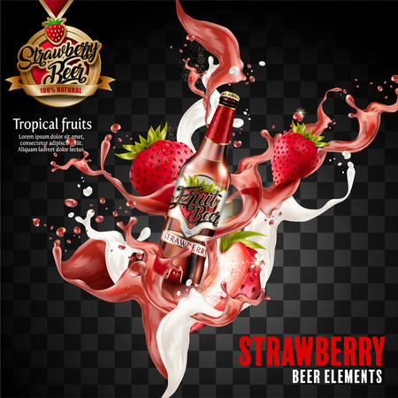 Strawberry fruit beer elements, premium fruit beer with strawberries and splashing beer in 3d illustration, transparent backgroundのイラスト素材