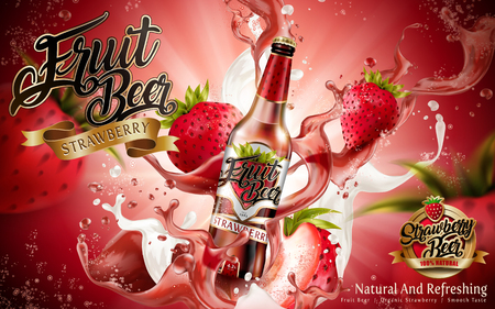 Strawberry fruit beer ads, premium fruit beer with strawberries and splashing beer in 3d illustrationのイラスト素材