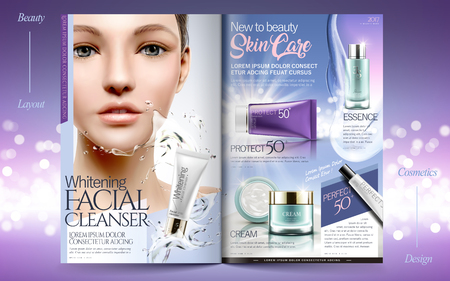 Elegant skin care brochure design, beauty fashion magazine or catalog with attractive model.のイラスト素材