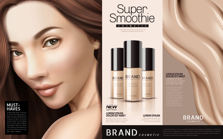 Foundation cosmetic ads, three bottles of foundation with a brunette and creamy texture, 3d illustrationのイラスト素材
