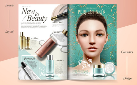 Elegant skin care brochure design, beauty fashion magazine or catalog with attractive model portrait and cosmetic products in 3d illustrationのイラスト素材