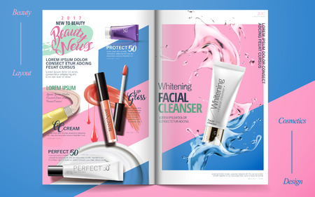 Vivid cosmetic brochure design, skincare and makeup products on geometric background magazine, colorful design in 3d illustrationのイラスト素材