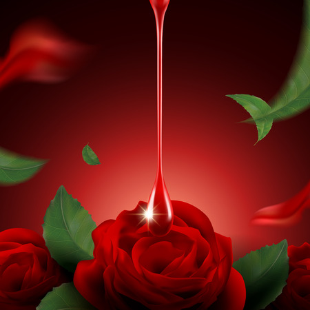 Romantic red rose background, red glossy liquid dripping from top with red roses and petals in 3d illustrationのイラスト素材