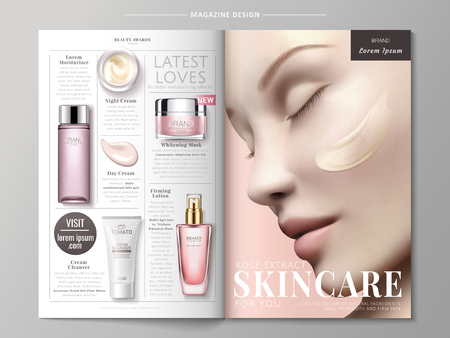 Skincare magazine ads, skincare products with beautiful model in 3d illustrationのイラスト素材