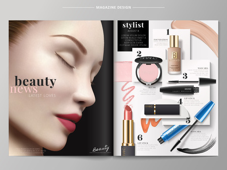 Beauty fashion magazine, makeup products with smear textures in 3d illustration, beautiful model with perfect make upのイラスト素材
