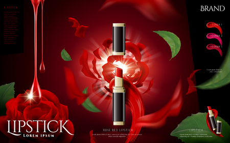 Red lipstick ads, fashion lipstick promotion template with red roses element in 3d illustrationのイラスト素材
