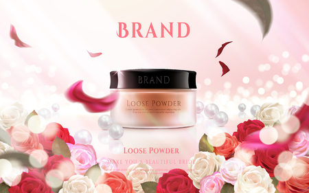 Loose powder ads, floral decorative frame with pink defocused background in 3d illustrationのイラスト素材