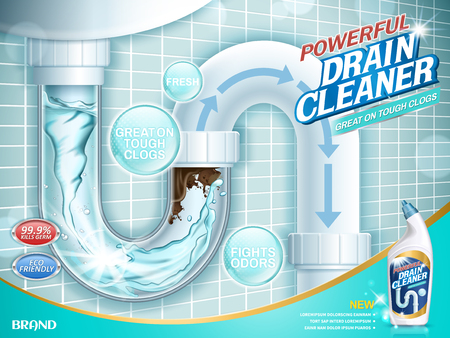 Drain cleaner ads, water pipe detergent with clear pipes section in 3d illustrationのイラスト素材