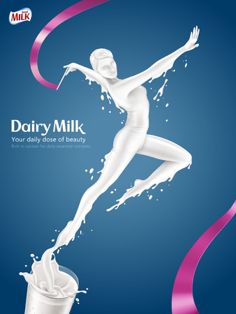 Dairy milk ads, elegant woman doing rhythmic gymnastics and jumping out of glass of milk in 3d illustration, blue backgroundのイラスト素材
